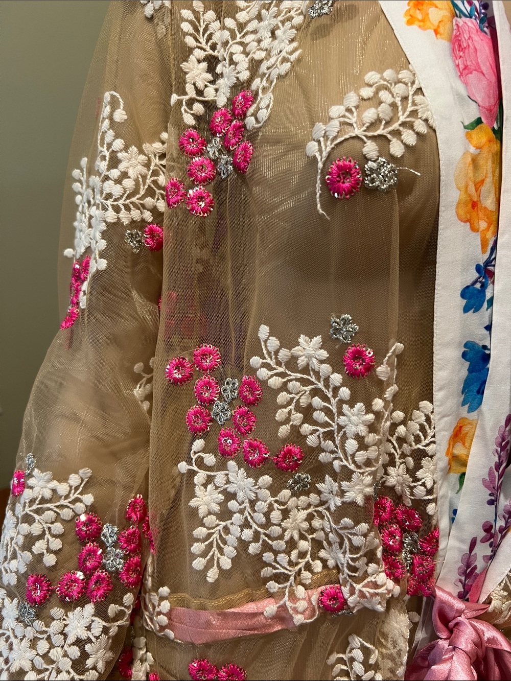 Aratta Blossom Floral Sheer Duster with Pink Sash - Picture 5 of 12